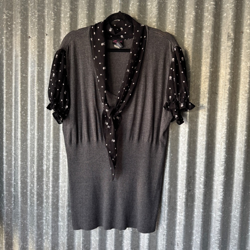 Torrid Gray Knit Skull Polka Dot Tie Neck Puff Sleeve Top Plus Size 4X Blouse